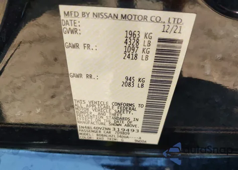 2022 Nissan Altima Sv Fwd из США, поврежденный, VIN 1N4BL4DV2NN319493